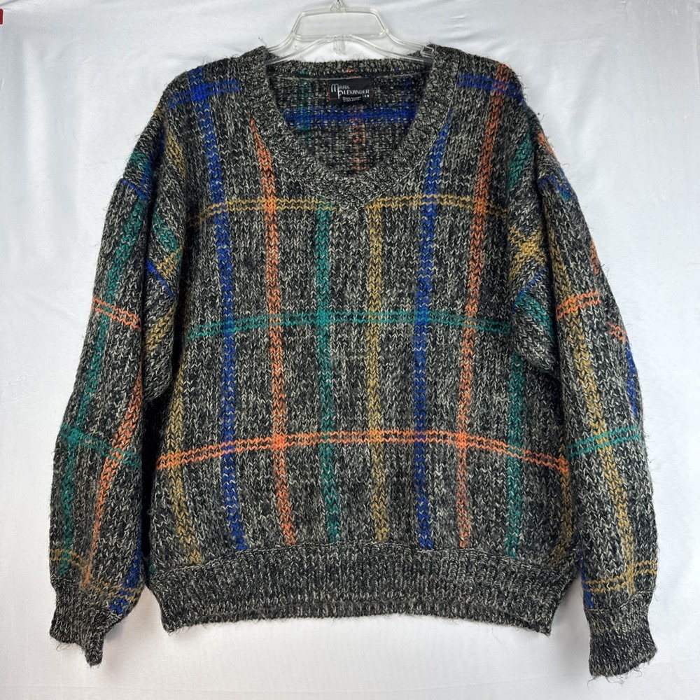 Mark Alexander Collection Mens Large Chunky Knit V Neck Sweater Multicolor Plaid